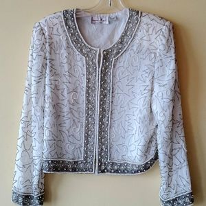 COPY - Laurence Kazar Silk White Silver Beaded Jacket L